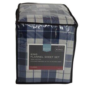 4 pc Target Home King Size Flannel Sheet Set Cotton Blue Plaid Bedding NEW